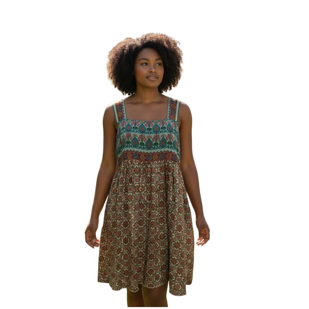 Boho Floral Cotton Sundress Mini Dress MED Festival Cottagecore Natural Life -